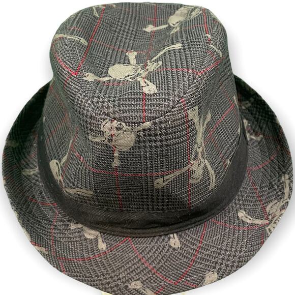 Scull and Crossbones Fedora Hat Gray Red Medium Goth - Picture 4 of 8